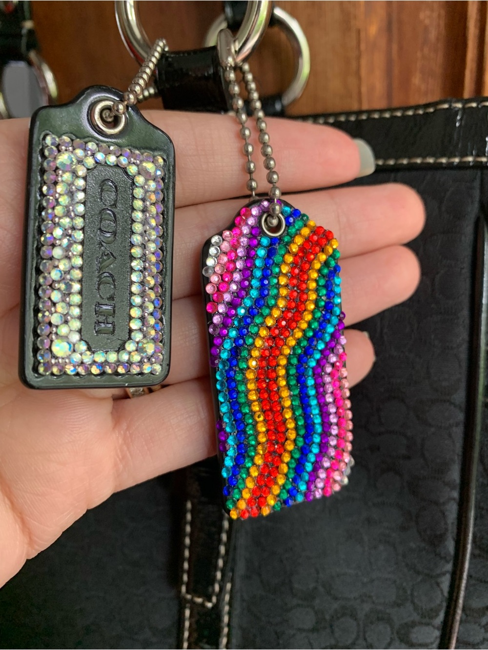 Coach Black Leather Hang Tag Keychain Charm customized with Rainbow Rhinestones - Picture 8 of 8